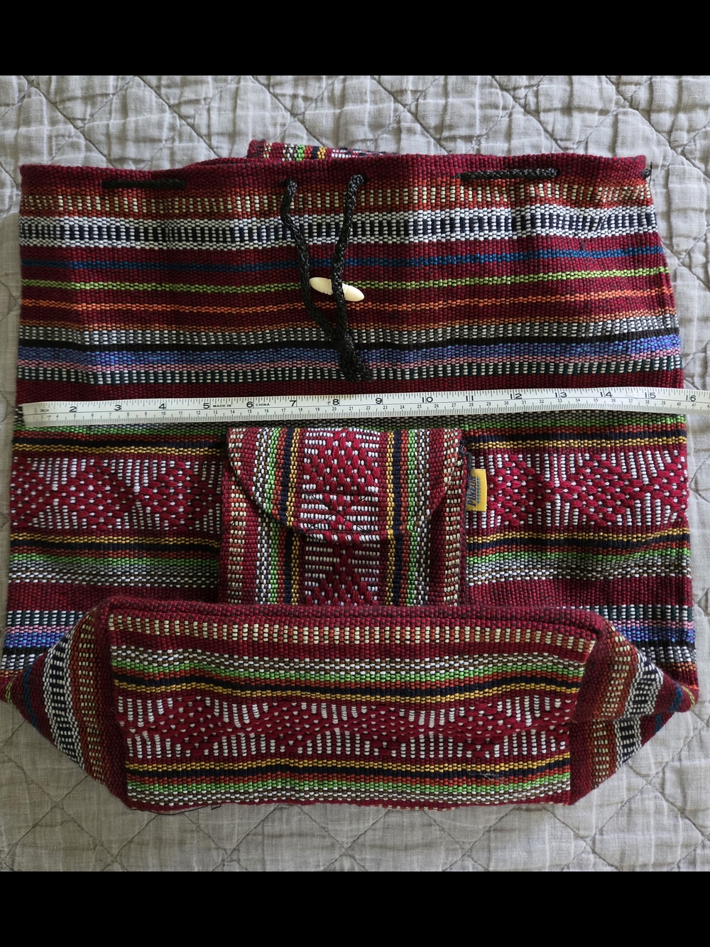 Handwoven Red Multicolor Drawstring Backpack, Made In MEXICO - Picture 3 of 10